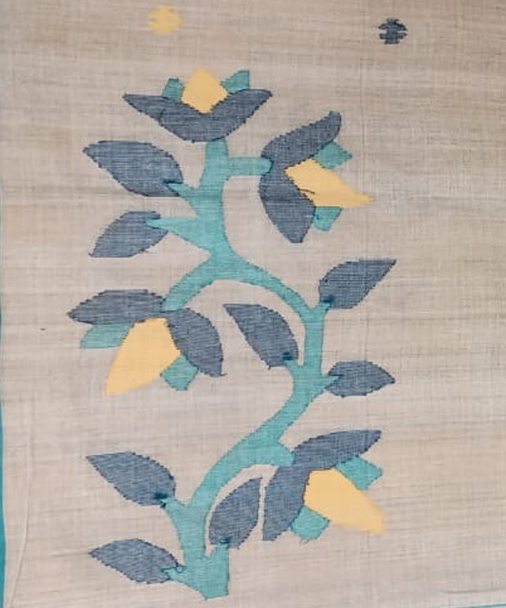 Tantuja beige and blue handloom cotton jamdani saree