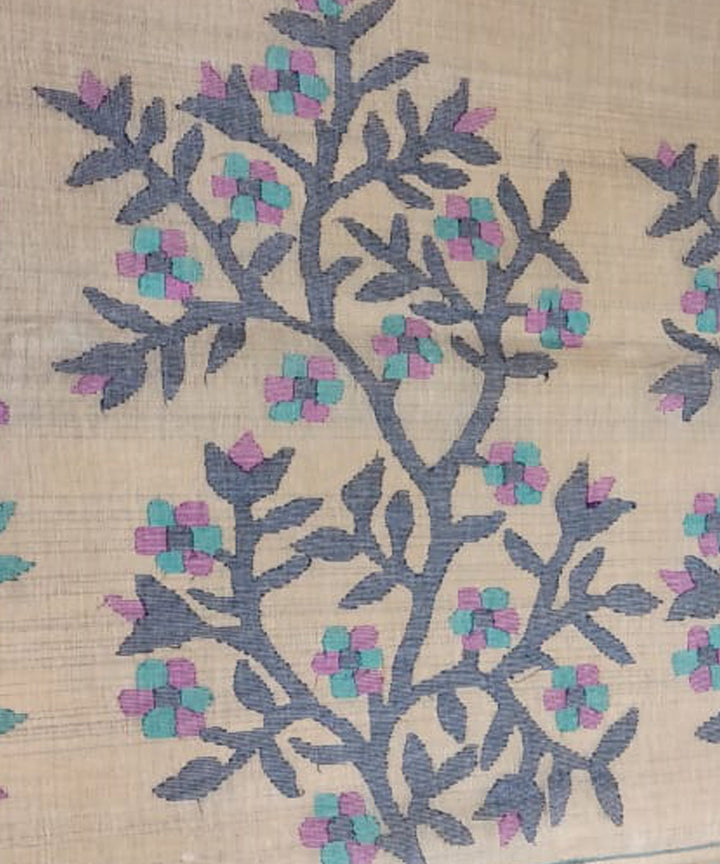 Tantuja beige and blue handwoven cotton jamdani saree