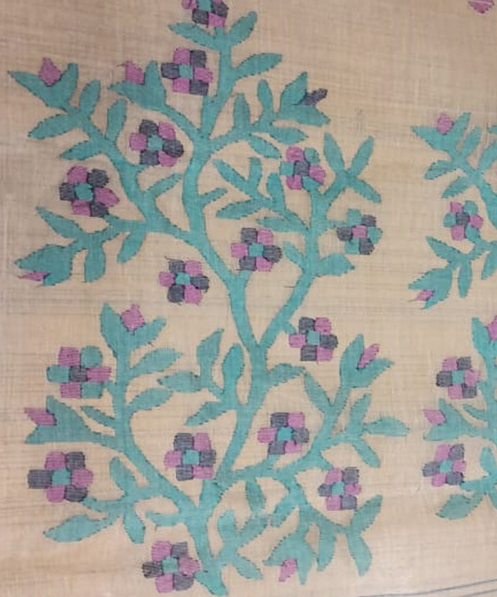 Tantuja beige blue handloom cotton jamdani saree