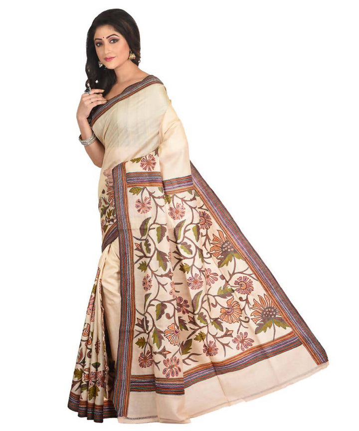 Cream exclusive bengal tasar saree with hand embroidery work