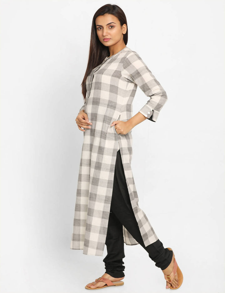 grey white checks Handwoven Cotton Kurta