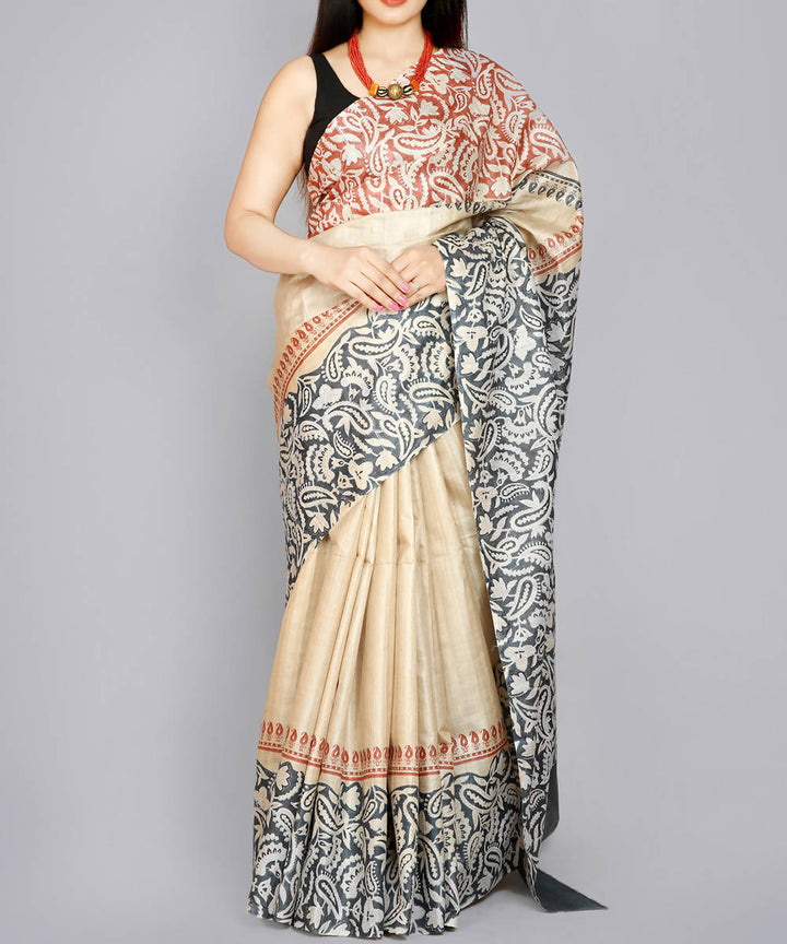 Kiara crafts beige handwoven hand block print tussar silk saree