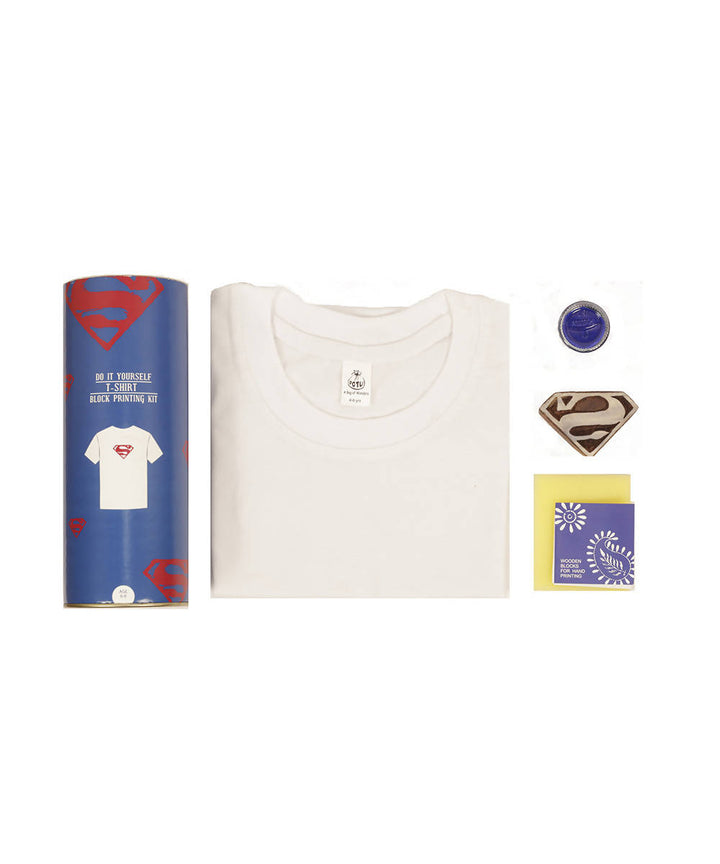 Handmade Wooden Block with blue Superman Print DIY T-Shirt Craft Kit