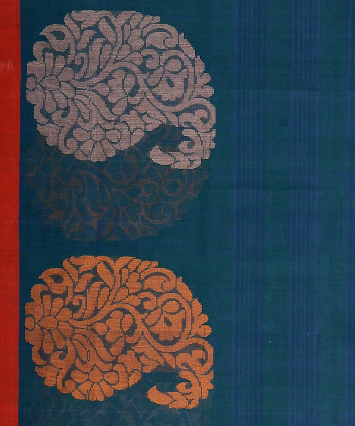 Dark green handloom kanchi cotton saree with paisley motifs