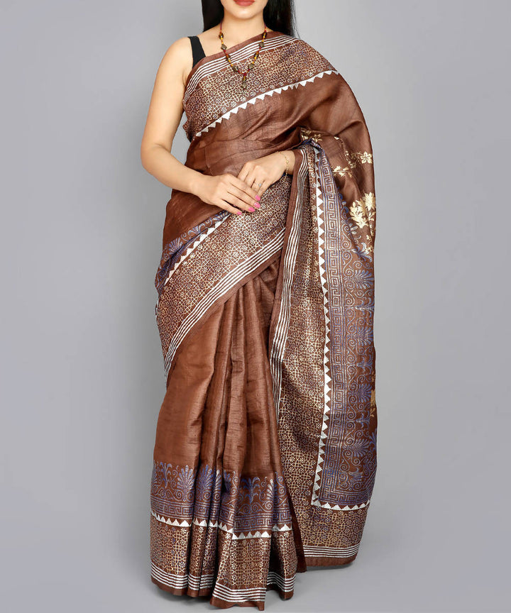 Kiara crafts brown handwoven handblock print tussar silk saree