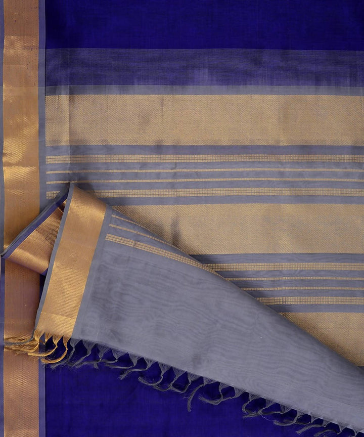 Blue kanjivaram silk cotton saree with grey border