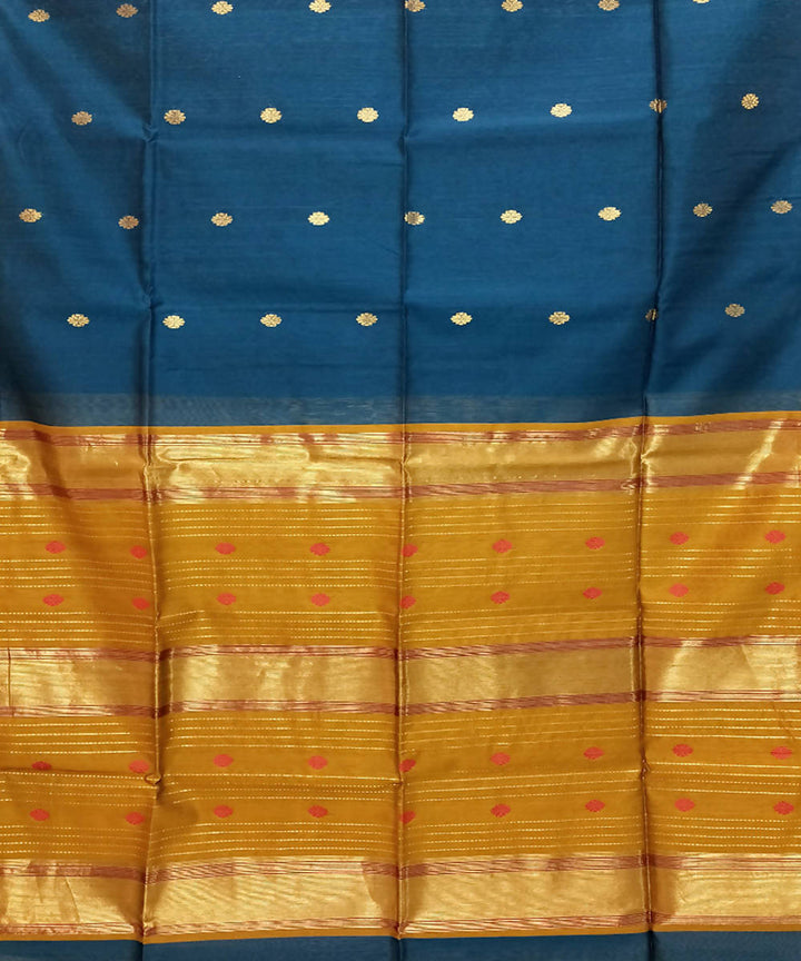 Dark cerulean blue golden handwoven cotton silk maheshwari saree