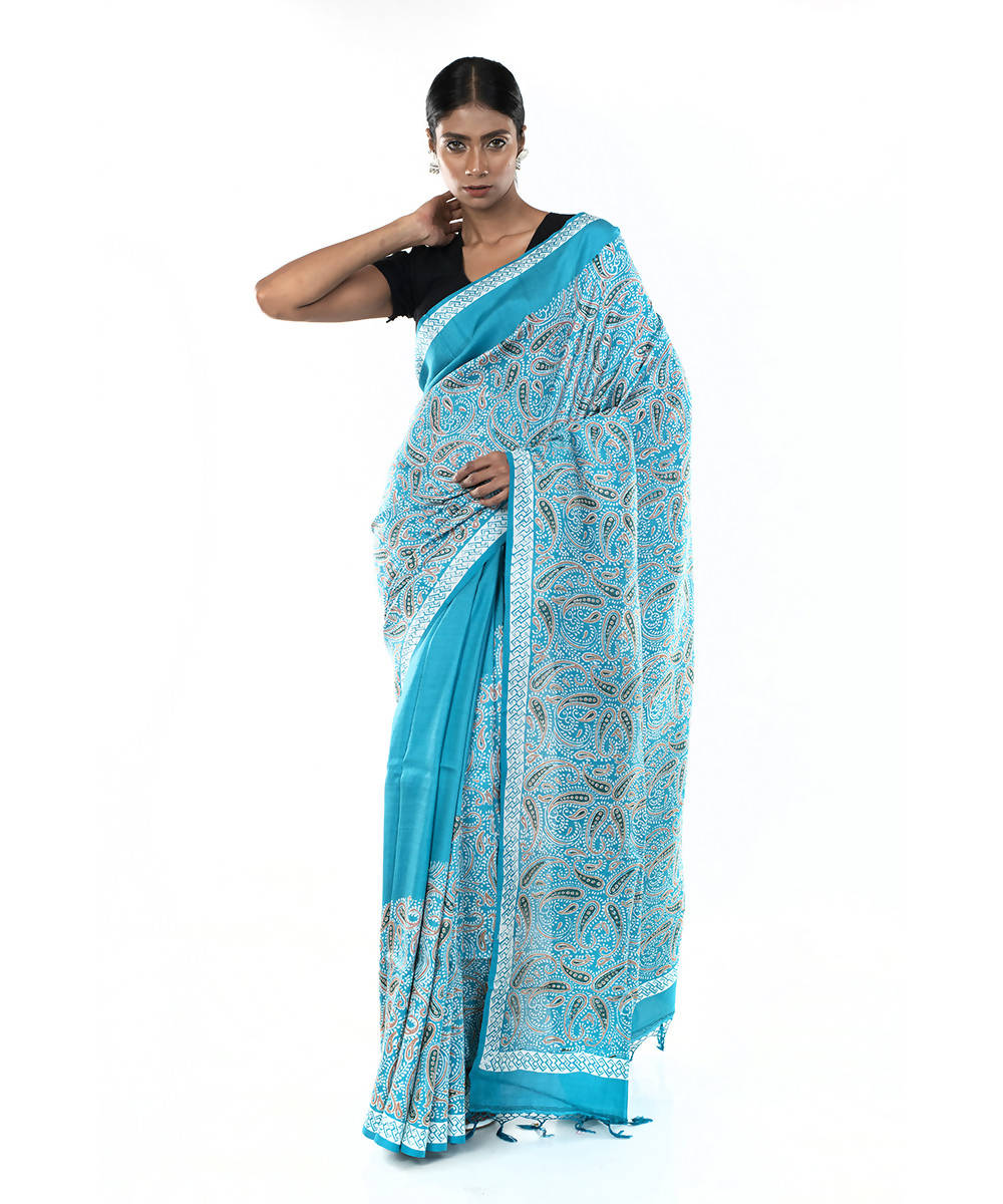 Blue green hand block print bengal silk saree