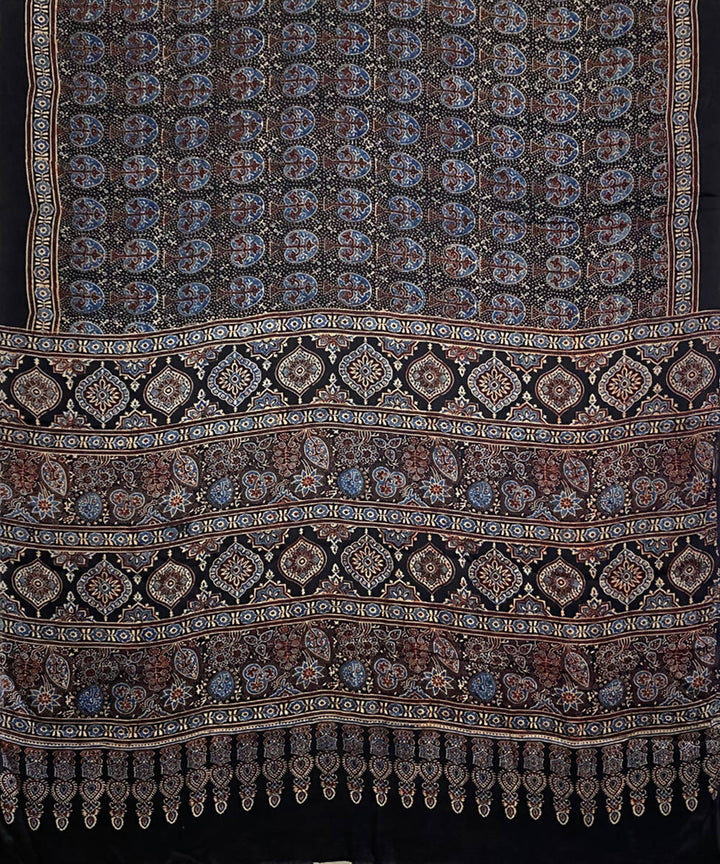 Black hand printed ajrakh modal silk saree