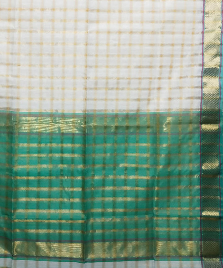 White and green checks handloom cotton silk maheshwari saree