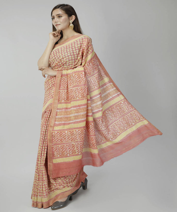 Peach bagru handblock printed cotton silk saree