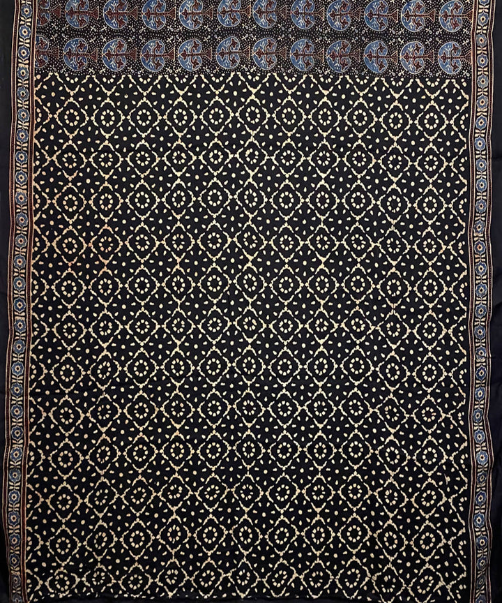 Black hand printed ajrakh modal silk saree