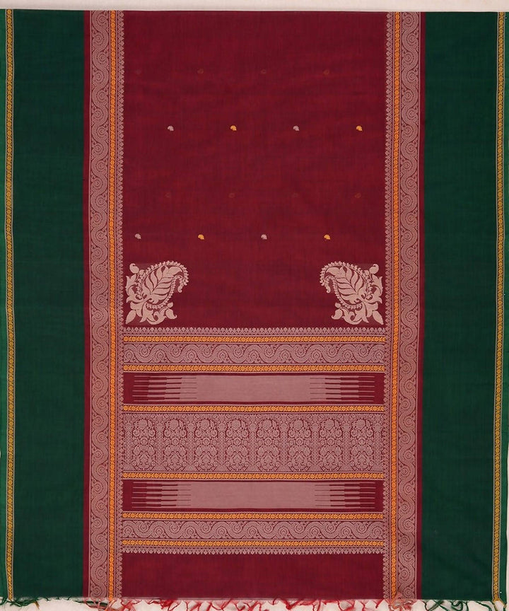 Dark red handloom kanchi cotton mubbhagam saree with butties