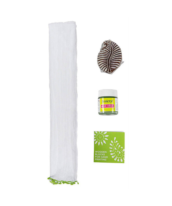 Handmade Wooden Block Print DIY Craft Kit Dupatta Leaf Design (Green)