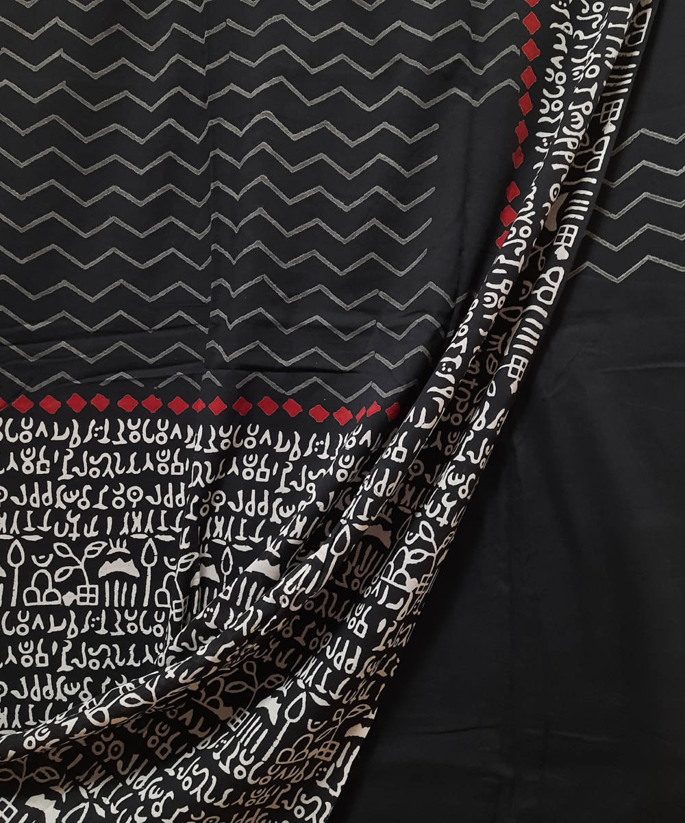 Black handblock printed abstract pattern mul cotton saree