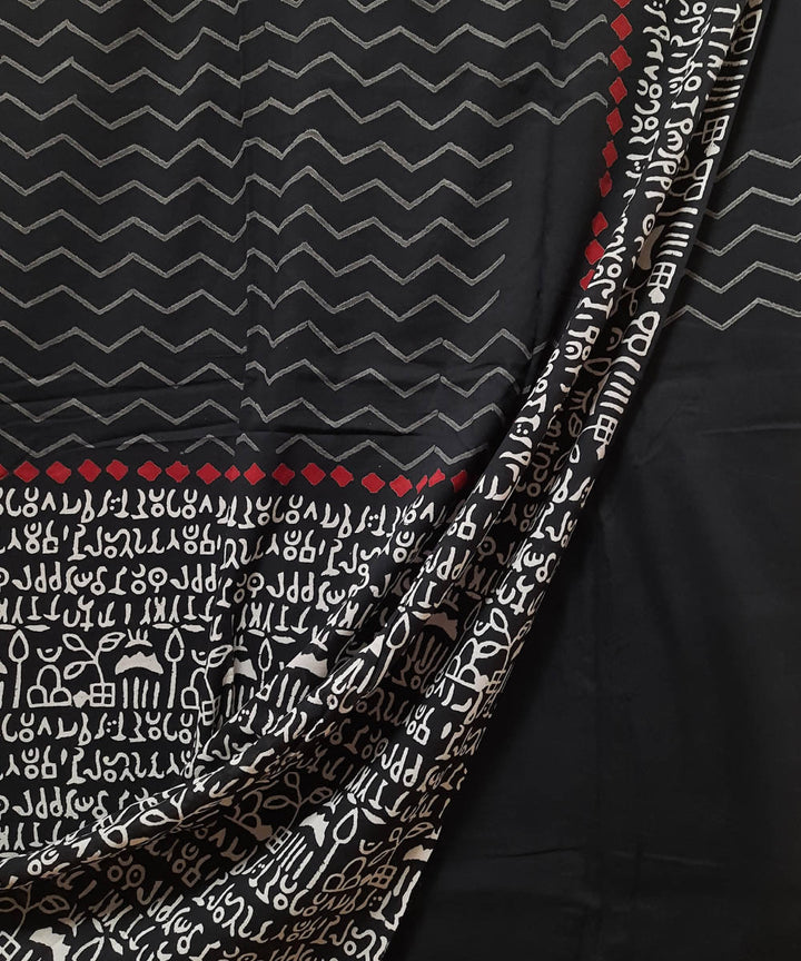 Black handblock printed abstract pattern mul cotton saree
