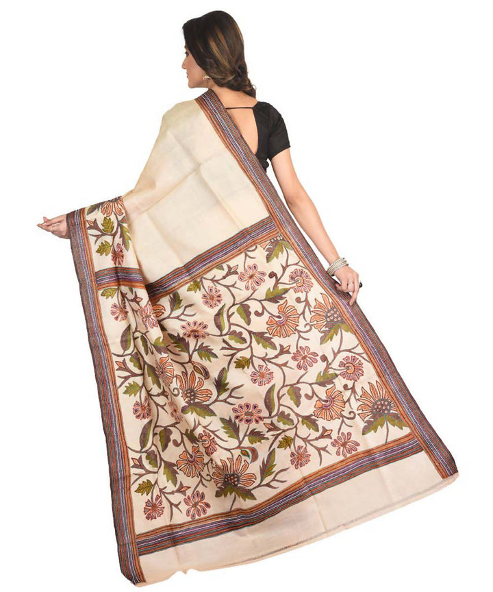 Cream exclusive bengal tasar saree with hand embroidery work