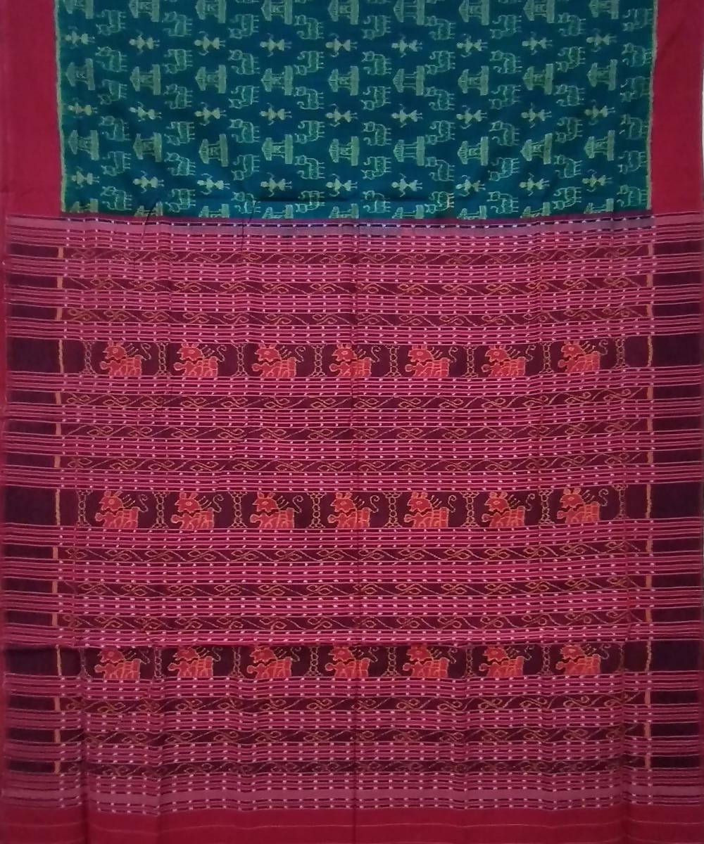Dark green red handwoven cotton sambalpuri saree