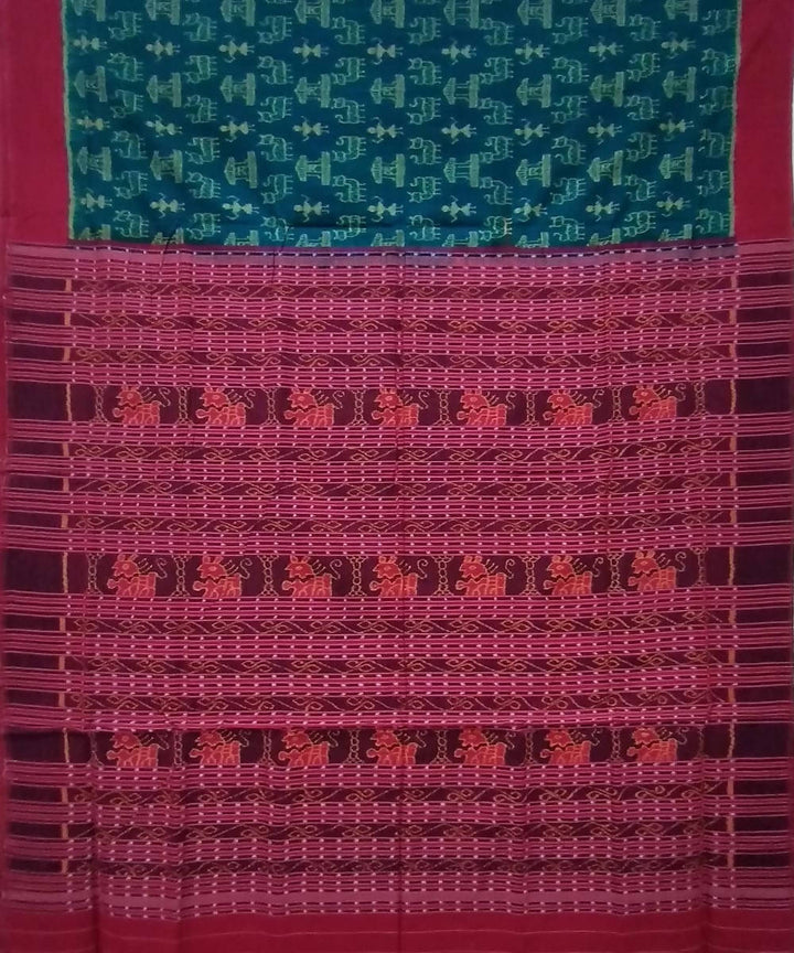 Dark green red handwoven cotton sambalpuri saree