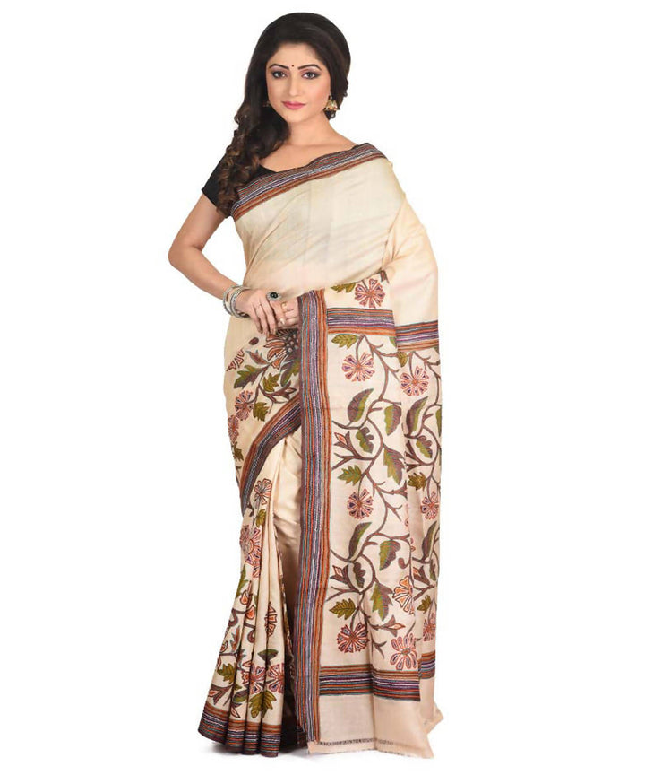 Cream exclusive bengal tasar saree with hand embroidery work