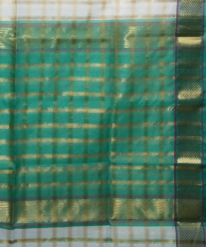 White and green checks handloom cotton silk maheshwari saree