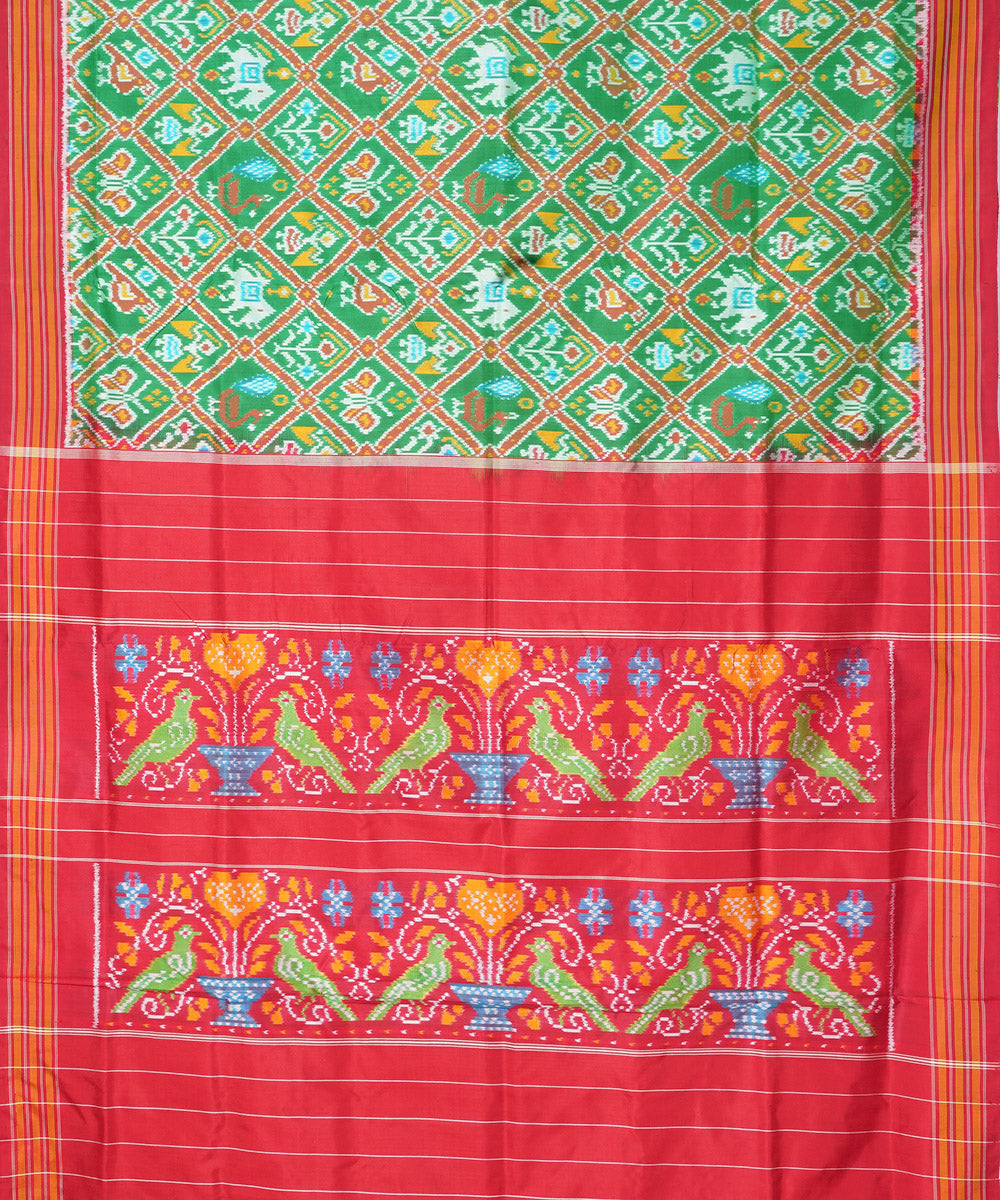 Light green red pochampally ikat silk handloom saree