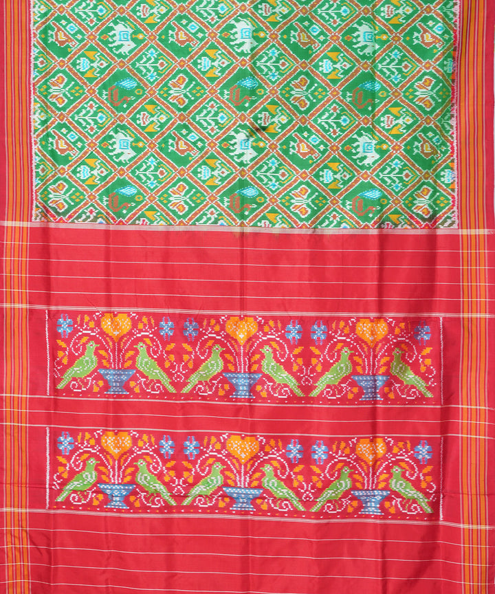 Light green red pochampally ikat silk handloom saree