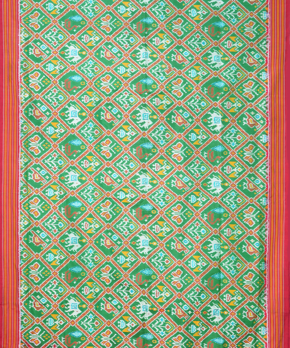 Light green red pochampally ikat silk handloom saree