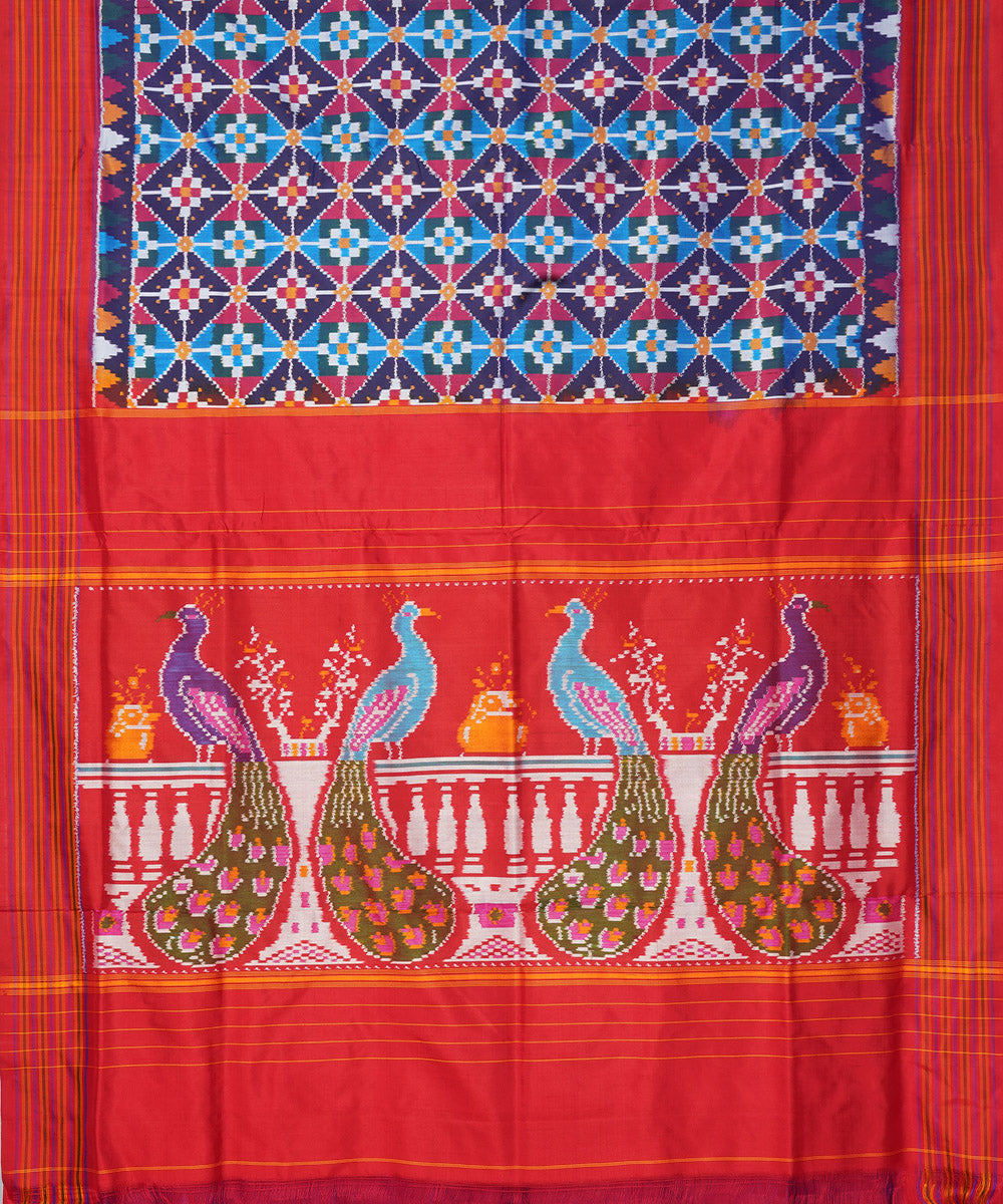 Navy blue red pochampally ikat handwoven silk saree