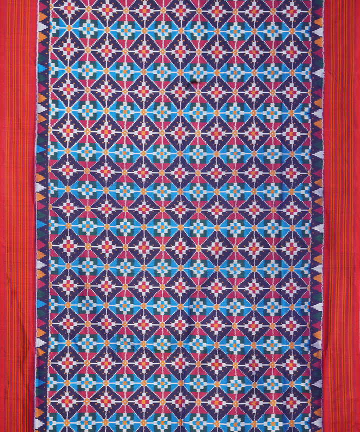 Navy blue red pochampally ikat handwoven silk saree