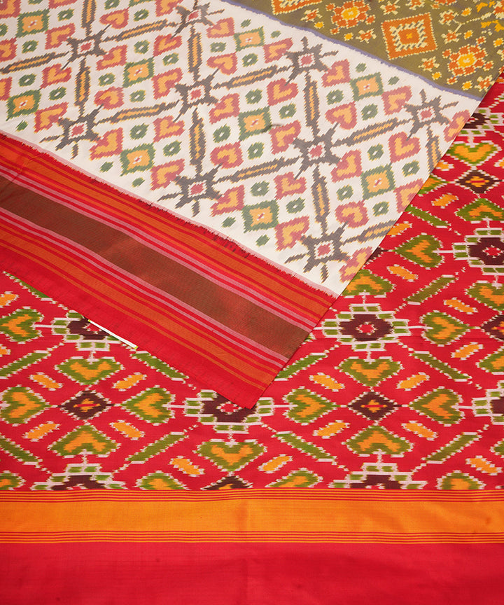 Cream red pochampally handloom silk saree