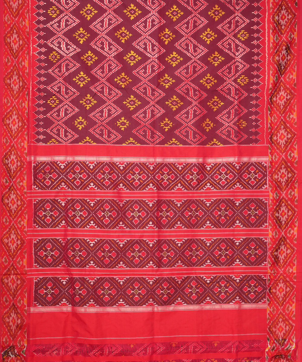 Brown red handloom pochampally ikat silk saree