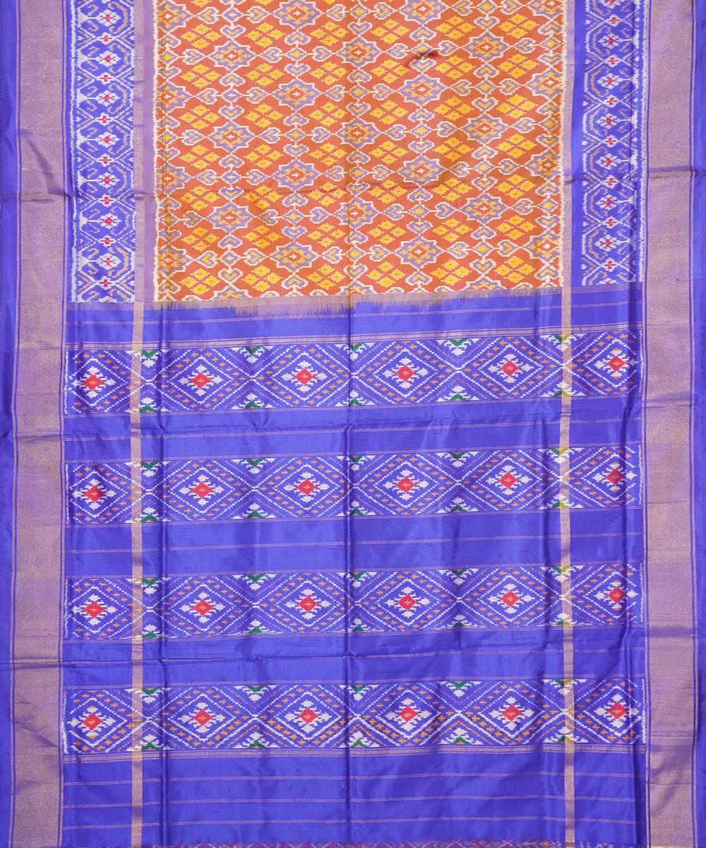 Orange blue pochampally ikat handloom silk saree