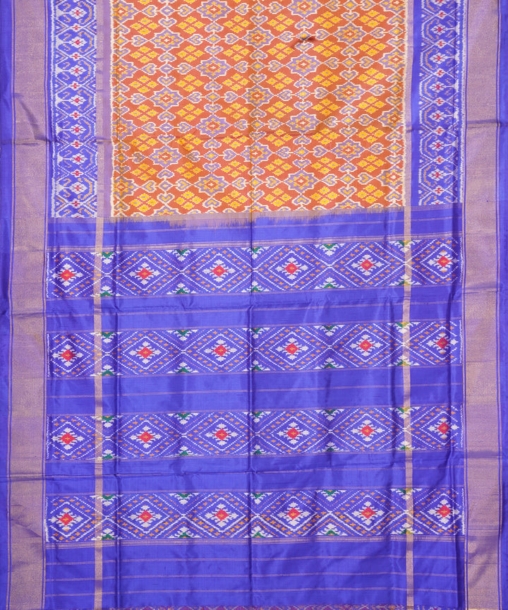 Orange blue pochampally ikat handloom silk saree