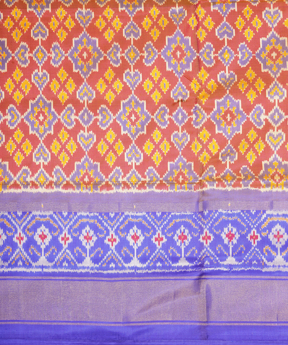 Orange blue pochampally ikat handloom silk saree