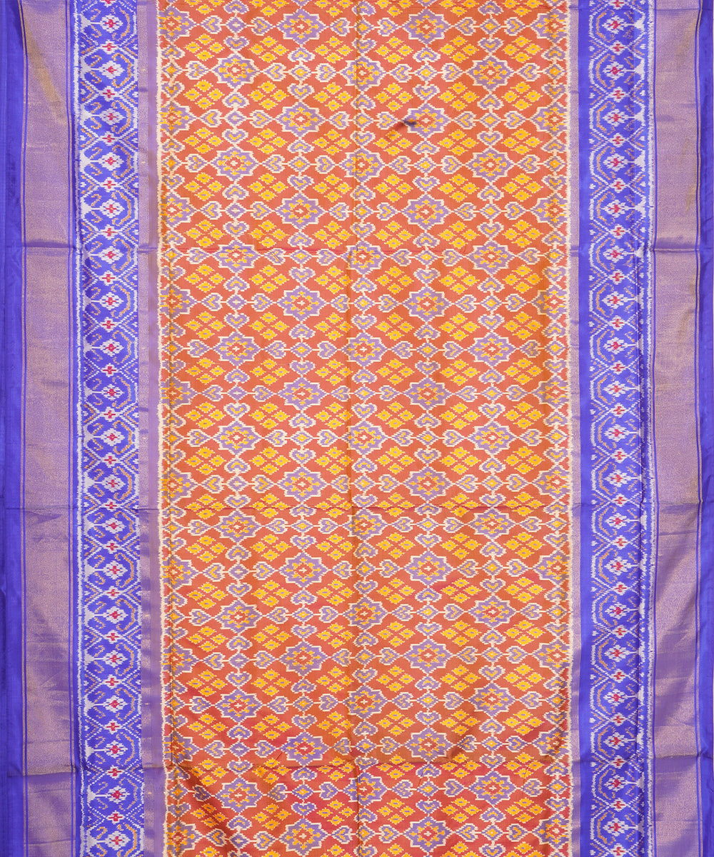 Orange blue pochampally ikat handloom silk saree