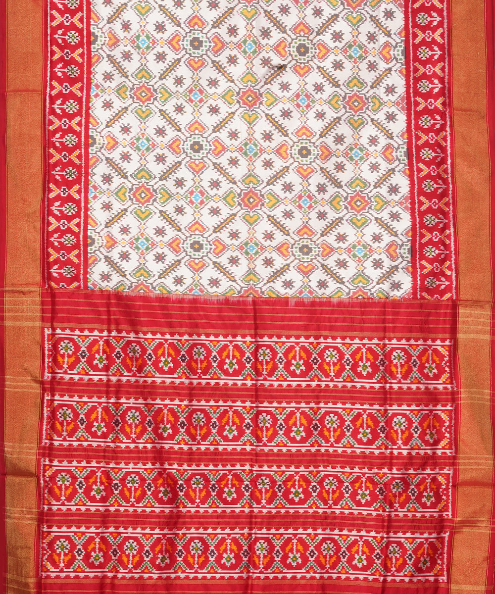 Offwhite red silk pochampally ikat handloom saree