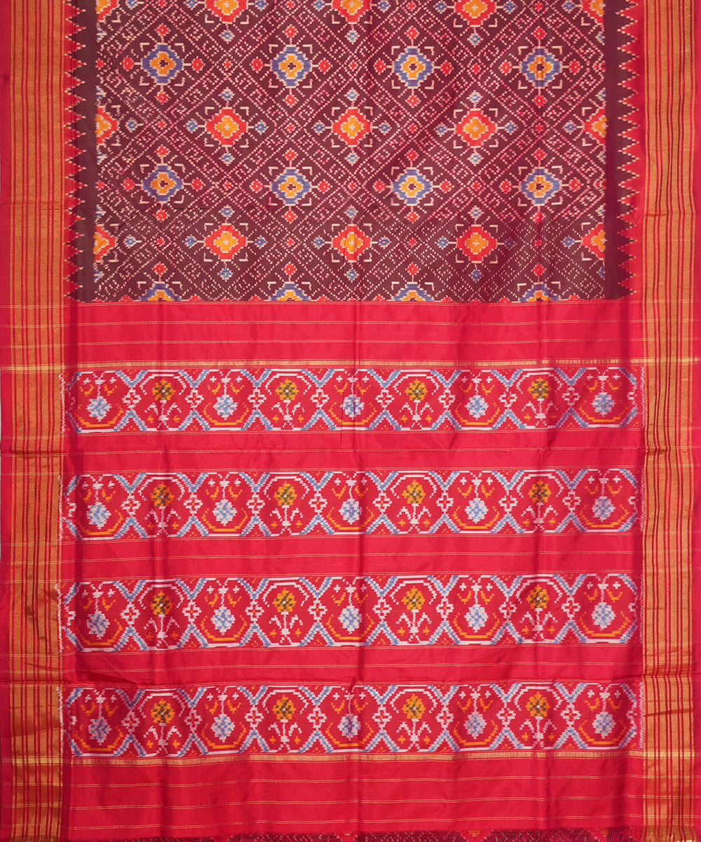 Brown red pochampally ikat handloom silk saree