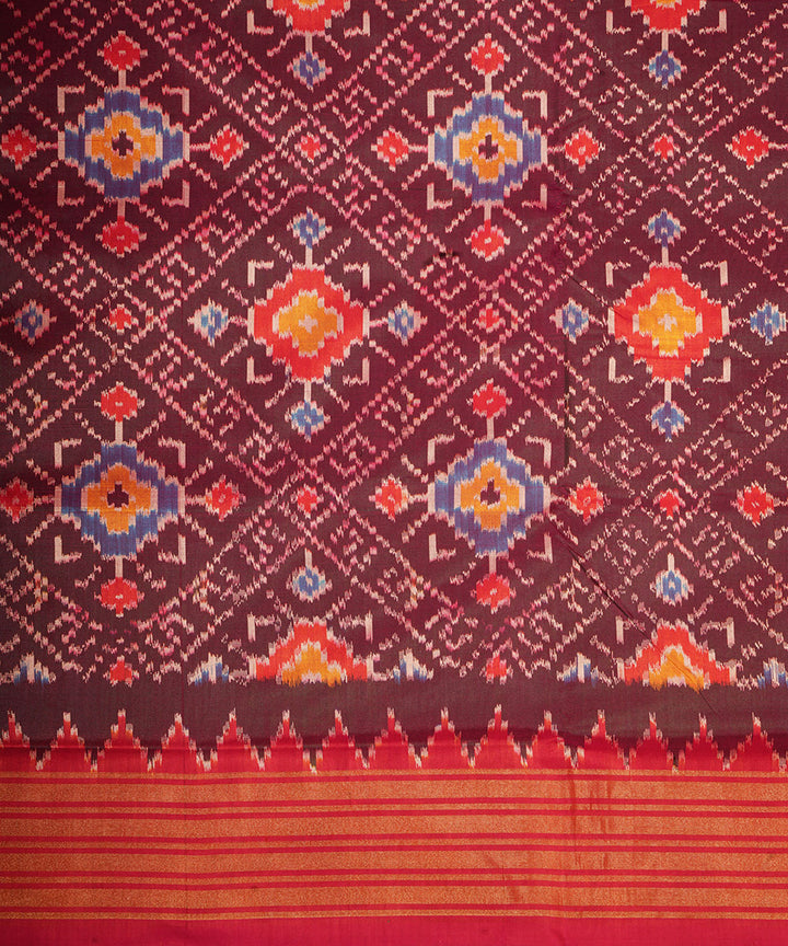 Brown red pochampally ikat handloom silk saree