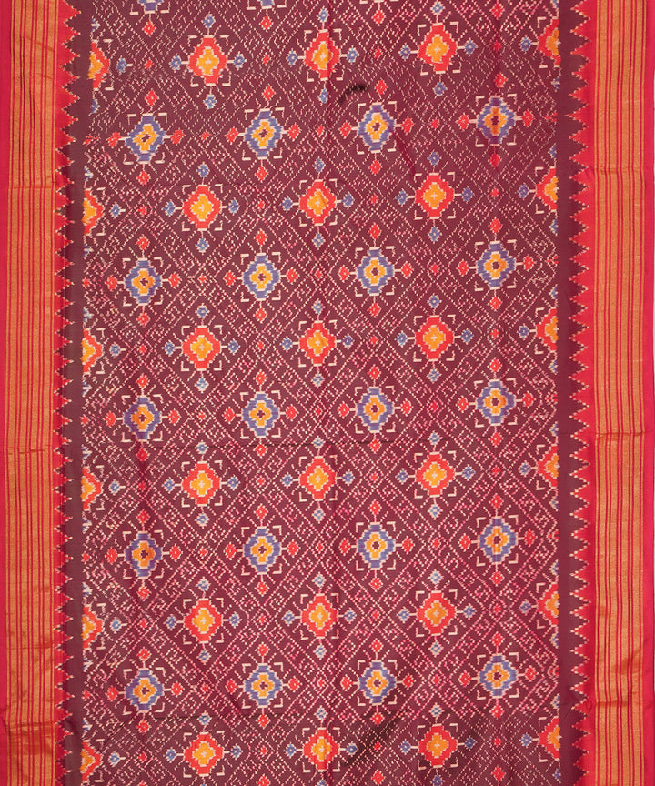 Brown red pochampally ikat handloom silk saree