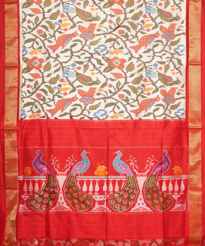 Offwhite red pochampally ikat silk handloom saree