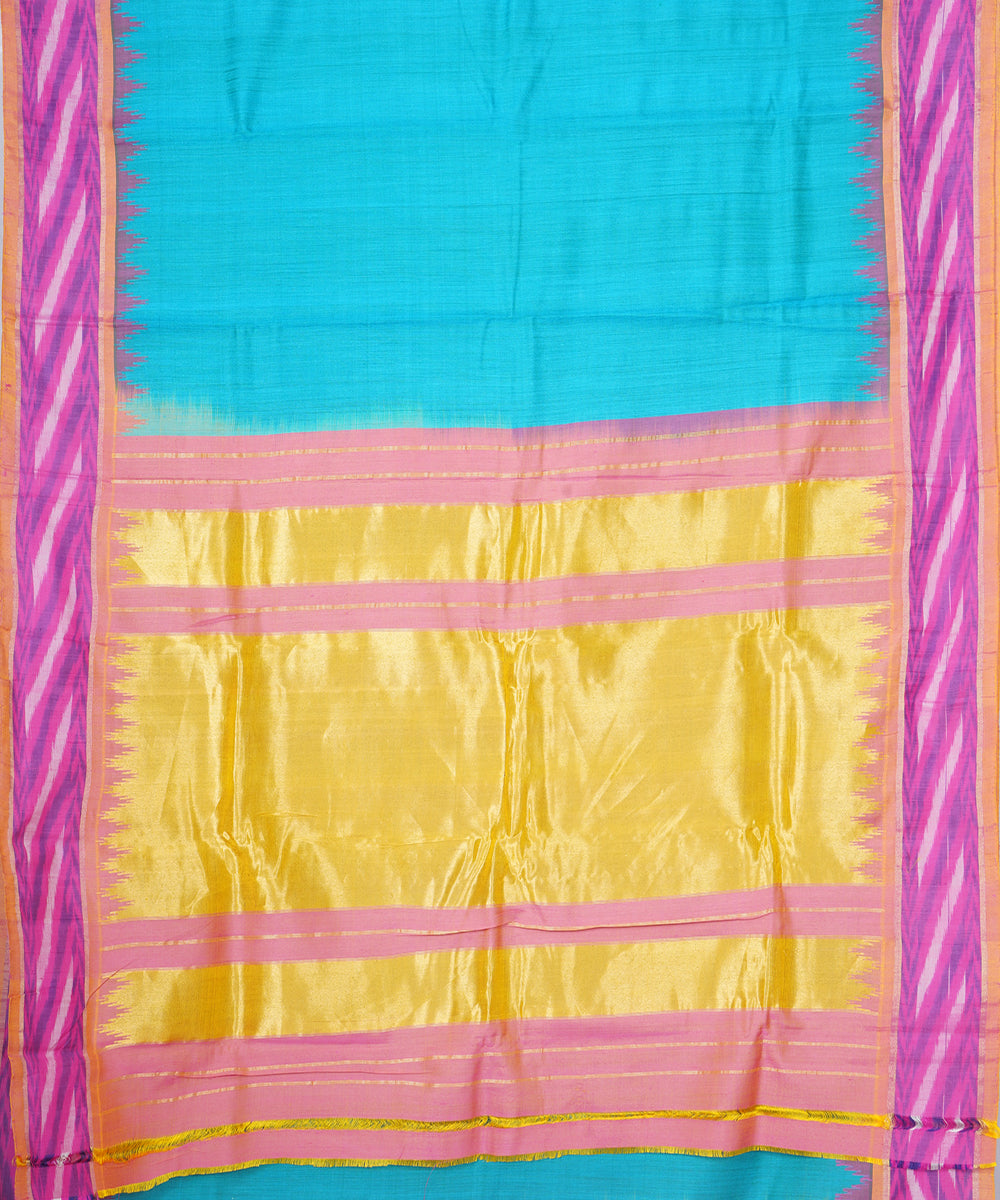 Cyan green pink gadwal handloom silk saree