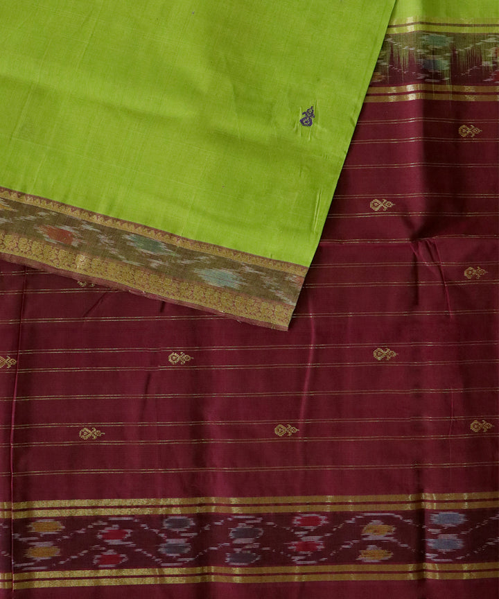 Lime green maroon handwoven cotton bandar saree