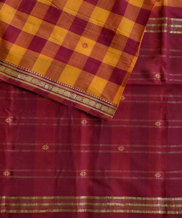 Yellow maroon checked handwoven cotton bandar saree