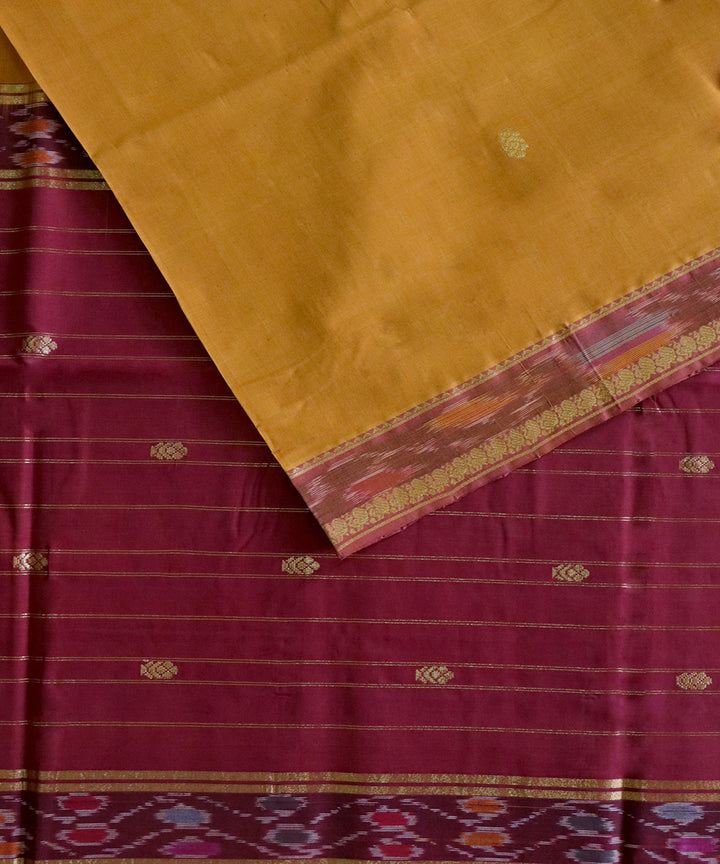 Mustard maroon handwoven cotton bandar saree