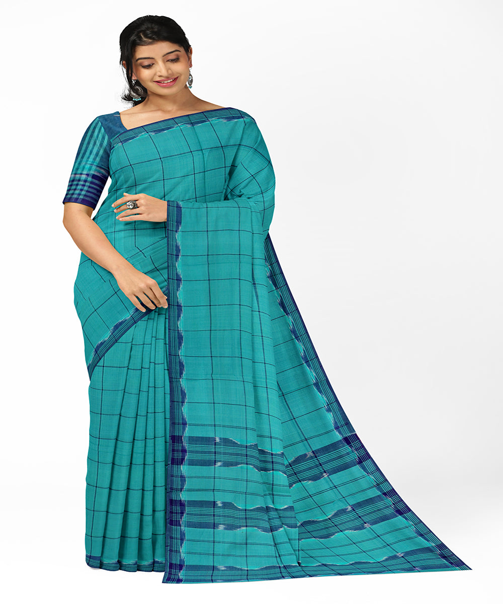 Cyan blue checks cotton handwoven rajahmundry saree