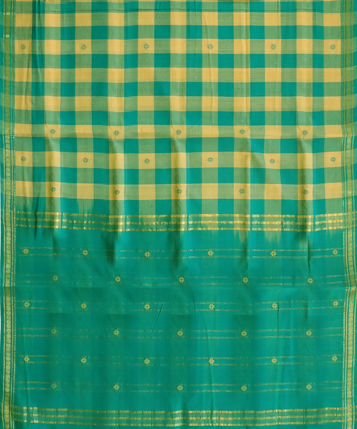 Cyan green beige handwoven cotton bandar saree