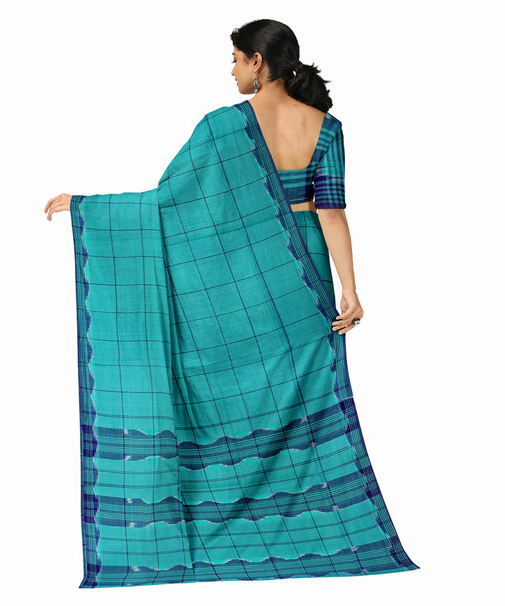Cyan blue checks cotton handwoven rajahmundry saree