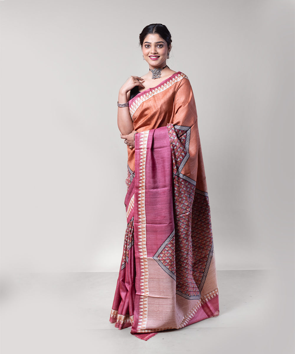 Maroon rust tussar silk hand block printed saree