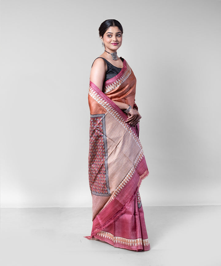 Maroon rust tussar silk hand block printed saree